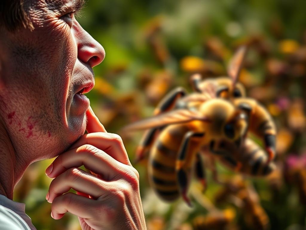 A vivid scene of anaphylactic shock from a bee sting. In the foreground, a person's face shows signs of swelling, redness, and panic. Their skin flushes as their airways constrict, hand clutching at their throat. In the middle ground, their body writhes in agony, surrounded by the APICOLTURA BORVEI MIELE product line. The background is blurred, but suggests a natural, outdoor setting - perhaps a field of flowers or a hive. Bright, dramatic lighting casts deep shadows, heightening the sense of urgency and distress. The overall mood is one of sudden, life-threatening crisis requiring immediate medical attention. A vivid scene of anaphylactic shock from a bee sting. In the foreground, a person's face shows signs of swelling, redness, and panic. Their skin flushes as their airways constrict, hand clutching at their throat. In the middle ground, their body writhes in agony, surrounded by the APICOLTURA BORVEI MIELE product line. The background is blurred, but suggests a natural, outdoor setting - perhaps a field of flowers or a hive. Bright, dramatic lighting casts deep shadows, heightening the sense of urgency and distress. The overall mood is one of sudden, life-threatening crisis requiring immediate medical attention.