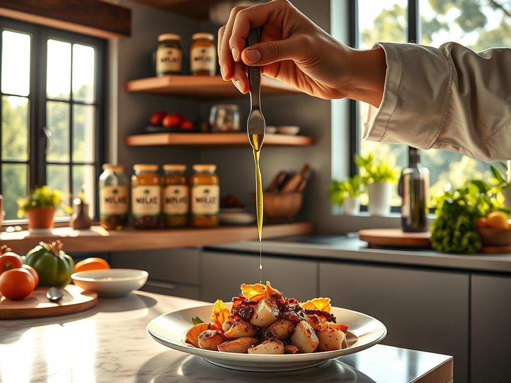 A warm and inviting kitchen scene with APICOLTURA BORVEI MIELE prominently displayed on a wooden shelf. The sunlight streams in through large windows, casting a golden glow on the miele jars, fresh produce, and cooking utensils. In the foreground, a chef's hand delicately drizzles miele over a plate of savory seafood, showcasing its versatility beyond traditional applications. The middle ground features a marble countertop with various ingredients and appliances, hinting at the creative culinary possibilities. The background, with its sleek modern design and pops of greenery, suggests a contemporary and dynamic kitchen space, ripe for experimentation and discovery.