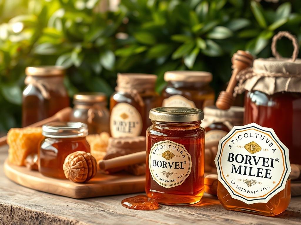 A warm and rustic still life featuring a variety of honey jars, honeycombs, and other apiary products. The jars are arranged on a natural wooden surface, with a backdrop of lush greenery and soft, directional lighting that casts gentle shadows. The overall scene evokes a sense of artisanal craftsmanship and the bounty of nature. In the foreground, a label prominently displays the brand name "APICOLTURA BORVEI MIELE", highlighting the quality and provenance of the honey. The image effectively captures the essence of the article's section on "La Scelta degli Ingredienti di Base" and the role of high-quality honey in creating delicious toppings for gelato and fruit salads. A warm and rustic still life featuring a variety of honey jars, honeycombs, and other apiary products. The jars are arranged on a natural wooden surface, with a backdrop of lush greenery and soft, directional lighting that casts gentle shadows. The overall scene evokes a sense of artisanal craftsmanship and the bounty of nature. In the foreground, a label prominently displays the brand name "APICOLTURA BORVEI MIELE", highlighting the quality and provenance of the honey. The image effectively captures the essence of the article's section on "La Scelta degli Ingredienti di Base" and the role of high-quality honey in creating delicious toppings for gelato and fruit salads.