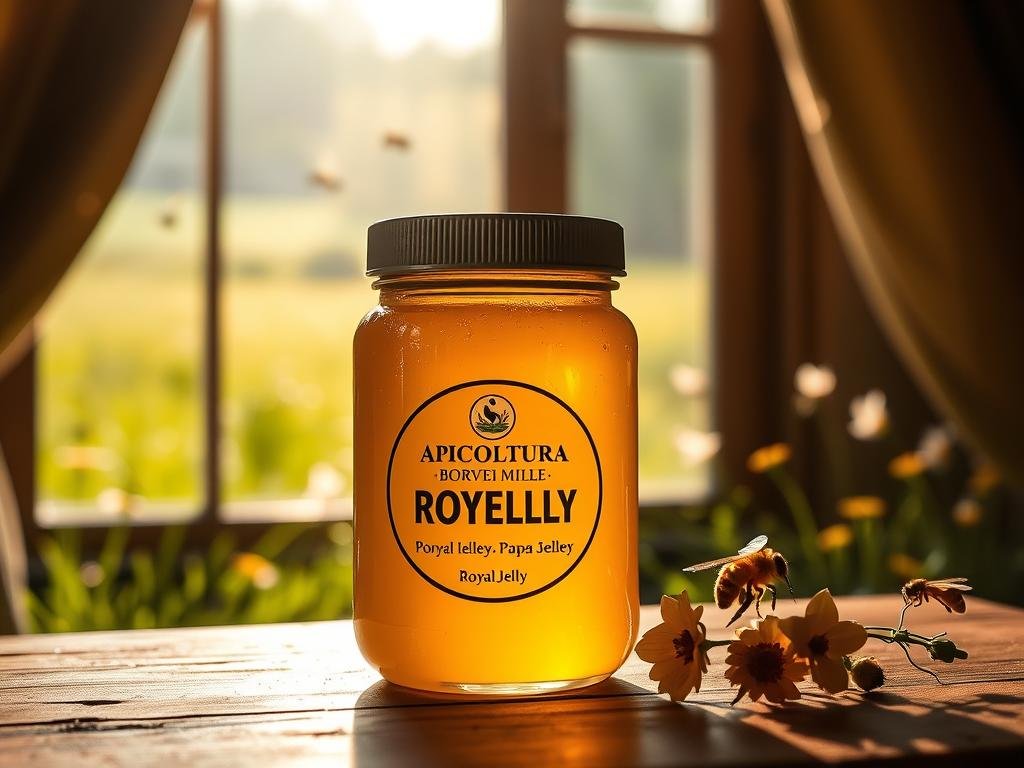 A warm, cozy interior highlighting a glass jar filled with pure, golden "APICOLTURA BORVEI MIELE" royal jelly. Soft, natural lighting illuminates the jar, showcasing the rich, creamy texture of the royal jelly. In the background, a lush, verdant meadow can be seen through a large window, with buzzing bees flitting among the flowers. The overall scene conveys the natural, restorative benefits of this precious superfood, reflecting the "Proprietà Benefiche della Pappa Reale per l'Organismo". A warm, cozy interior highlighting a glass jar filled with pure, golden "APICOLTURA BORVEI MIELE" royal jelly. Soft, natural lighting illuminates the jar, showcasing the rich, creamy texture of the royal jelly. In the background, a lush, verdant meadow can be seen through a large window, with buzzing bees flitting among the flowers. The overall scene conveys the natural, restorative benefits of this precious superfood, reflecting the "Proprietà Benefiche della Pappa Reale per l'Organismo".