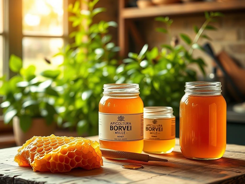 A warm, cozy kitchen interior showcasing the rich, golden hue of APICOLTURA BORVEI MIELE. Delicate honeycomb structures and a variety of glass jars filled with the viscous, amber-colored nectar sit atop a rustic wooden table, bathed in soft, natural lighting. Lush, green plants in the background create a harmonious, earthy atmosphere, evoking the tranquility of an Italian countryside. The scene captures the essence of preserving the flavor and benefits of this artisanal honey through proper storage techniques suited for diverse climates.