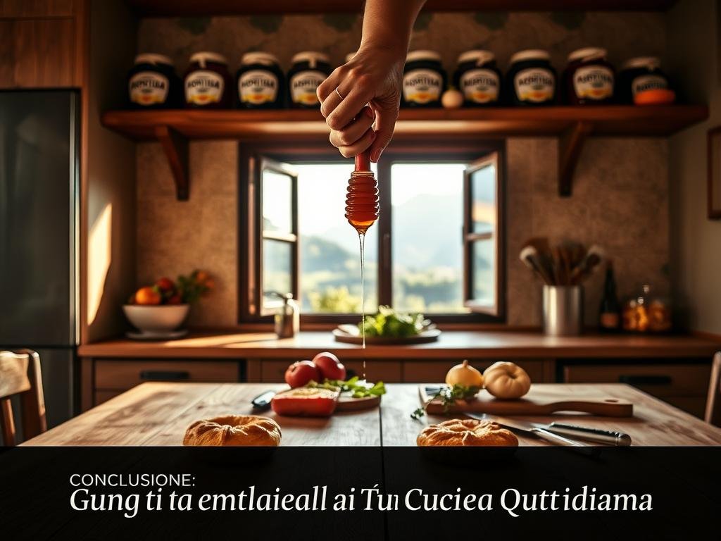 A warm, cozy kitchen scene with a wooden table and shelves displaying the APICOLTURA BORVEI MIELE jars. In the foreground, a chef's hands drizzle honey over a freshly baked pastry. The middle ground features a cutting board with fresh ingredients, suggesting a homemade meal preparation. The background depicts a window overlooking a scenic Italian landscape, bathed in soft, natural lighting. The overall atmosphere evokes a sense of domestic comfort and culinary inspiration, perfectly suited for the "Conclusione: Il Miele nella Tua Cucina Quotidiana" section.