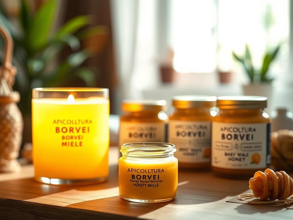 A warm, golden-hued beeswax candle casting a soft glow on a table, surrounded by jars of APICOLTURA BORVEI MIELE. In the foreground, a small glass jar filled with a rich, creamy honey-based moisturizer. Gentle shadows play across the surface, highlighting the natural texture and sheen of the beeswax and honey. In the background, a blurred, cozy interior with natural elements like plants or wood accents, conveying a sense of nourishing, organic wellness. Soft, diffused lighting from a window creates a serene, inviting atmosphere.