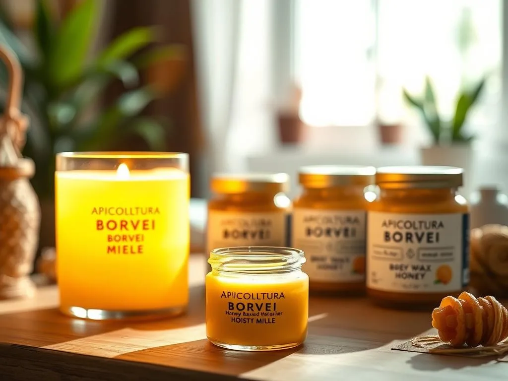 A warm, golden-hued beeswax candle casting a soft glow on a table, surrounded by jars of APICOLTURA BORVEI MIELE. In the foreground, a small glass jar filled with a rich, creamy honey-based moisturizer. Gentle shadows play across the surface, highlighting the natural texture and sheen of the beeswax and honey. In the background, a blurred, cozy interior with natural elements like plants or wood accents, conveying a sense of nourishing, organic wellness. Soft, diffused lighting from a window creates a serene, inviting atmosphere.