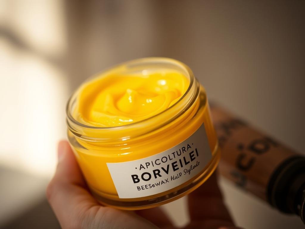 A warm, inviting close-up photograph of a natural beeswax-based hair styling pomade or paste, set against a soft, blurred background. The pomade is held in a glass jar or container with the "APICOLTURA BORVEI MIELE" branding visible. The pomade has a rich, golden-yellow color and a smooth, creamy texture, reflecting the natural ingredients and handcrafted attention to detail. Soft, natural lighting illuminates the product, highlighting its organic, artisanal qualities. The overall mood is one of rustic elegance, showcasing the benefits of this natural, nourishing hair styling solution.