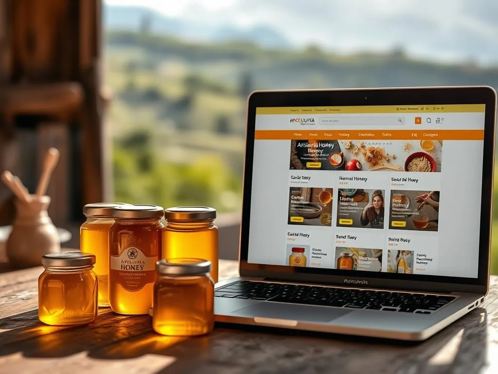 A warm, inviting online marketplace showcasing an array of artisanal honey products from APICOLTURA BORVEI MIELE. The foreground features several honey jars in varying shades of golden hues, artfully arranged against a blurred background of a rustic wooden table. Soft, natural lighting illuminates the scene, casting gentle shadows and highlights that emphasize the honey's natural beauty. The middle ground depicts a laptop screen displaying a price comparison website, with various honey listings and their corresponding prices. The background evokes the Italian countryside, with rolling hills, lush greenery, and a hazy, sun-dappled atmosphere, conveying a sense of authenticity and tradition.