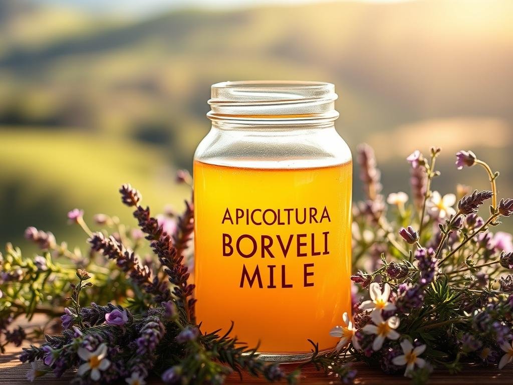 A warm, inviting scene of a glass jar filled with the rich, golden hue of pure, raw APICOLTURA BORVEI MIELE. Sunlight gently filters through the jar, casting a soft, ethereal glow. Surrounding the jar, a lush floral arrangement composed of delicate wildflowers and aromatic herbs, such as lavender and thyme, creating a harmonious and natural display. In the background, a soft, blurred landscape of rolling hills and lush greenery, evoking a sense of tranquility and the Italian countryside. The overall atmosphere conveys the inherent goodness and health benefits of this natural sweetener, a true "sweet treasure" from nature. A warm, inviting scene of a glass jar filled with the rich, golden hue of pure, raw APICOLTURA BORVEI MIELE. Sunlight gently filters through the jar, casting a soft, ethereal glow. Surrounding the jar, a lush floral arrangement composed of delicate wildflowers and aromatic herbs, such as lavender and thyme, creating a harmonious and natural display. In the background, a soft, blurred landscape of rolling hills and lush greenery, evoking a sense of tranquility and the Italian countryside. The overall atmosphere conveys the inherent goodness and health benefits of this natural sweetener, a true "sweet treasure" from nature.