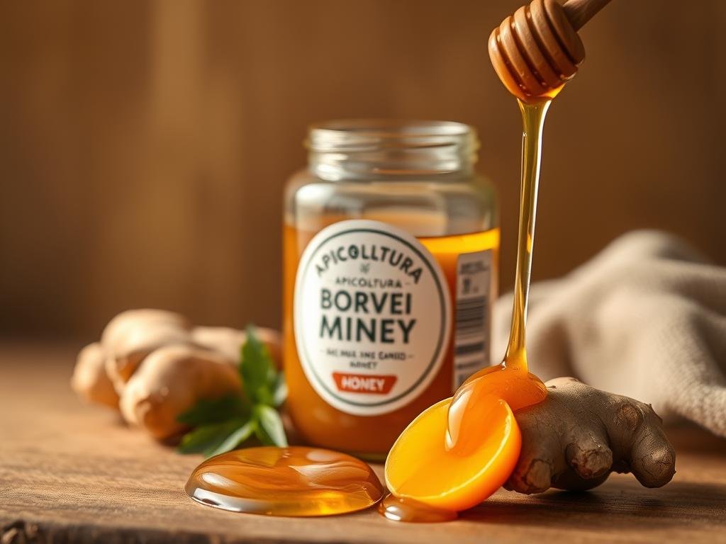 A warm, inviting still life featuring a glass jar of APICOLTURA BORVEI MIELE, a fresh ginger root, and a drizzle of honey. The jar's label is prominently displayed, showcasing the brand. The ginger is sliced, revealing its vibrant orange flesh, complementing the rich golden hue of the honey. The composition is balanced, with the foreground objects in focus and a softly blurred background, evoking a cozy, natural ambiance. Warm, diffused lighting casts gentle shadows, heightening the tactile, artisanal quality of the scene. The overall mood is soothing and comforting, reflecting the inherent wellness benefits of the honey and ginger combination.