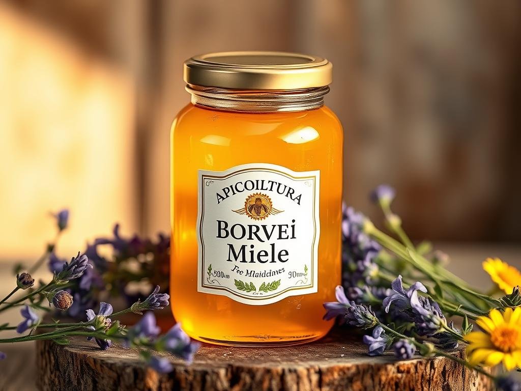 A warm, inviting still life showcasing a glass jar filled with the golden, viscous liquid of APICOLTURA BORVEI MIELE. The jar sits atop a rustic wooden surface, surrounded by vibrant wildflowers and sprigs of lavender, capturing the essence of an Italian countryside. Soft, natural lighting filters through the scene, casting a gentle glow and highlighting the jar's label, which features the brand name in a classic, hand-painted style. The overall composition conveys a sense of artisanal craftsmanship, quality, and the care and attention put into producing this premium honey.