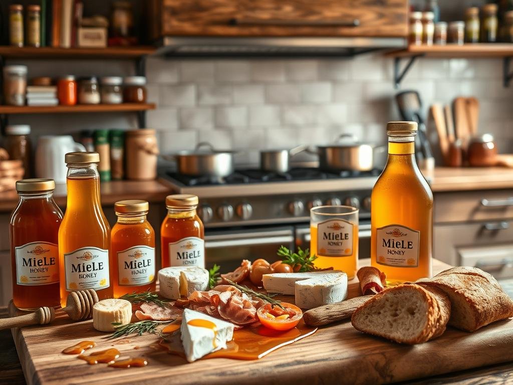 A warm, rustic kitchen scene with a prominent display of various Miele brand honey jars and bottles. In the foreground, a wooden cutting board showcases an array of savory ingredients like artisanal cheeses, cured meats, fresh herbs, and crusty bread, all drizzled with glistening APICOLTURA BORVEI MIELE. The middle ground features a professional-grade Miele stove and oven, with steam and aromas wafting from simmering pots and pans. The background is filled with shelves of cookbooks, jars of spices, and other kitchen essentials, creating a cozy, inviting atmosphere. Soft, natural lighting illuminates the scene, highlighting the rich color and texture of the honey and ingredients. The overall composition emphasizes the versatility of honey in savory cooking, inspiring creative culinary possibilities.