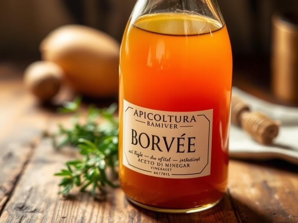 A warm, rustic still life capturing a glass bottle of "APICOLTURA BORVEI MIELE" aceto di miele, or honey vinegar. The amber liquid reflects the soft lighting, casting a gentle glow. In the background, a wooden table is adorned with a sprig of fragrant herbs, hinting at the vinegar's complex flavor profile. The overall composition evokes the artisanal, time-honored process of crafting this unique Italian vinegar, distinct from mass-produced varieties. The scene conveys a sense of craftsmanship, tradition, and the honest, earthy qualities of this specialty food product.