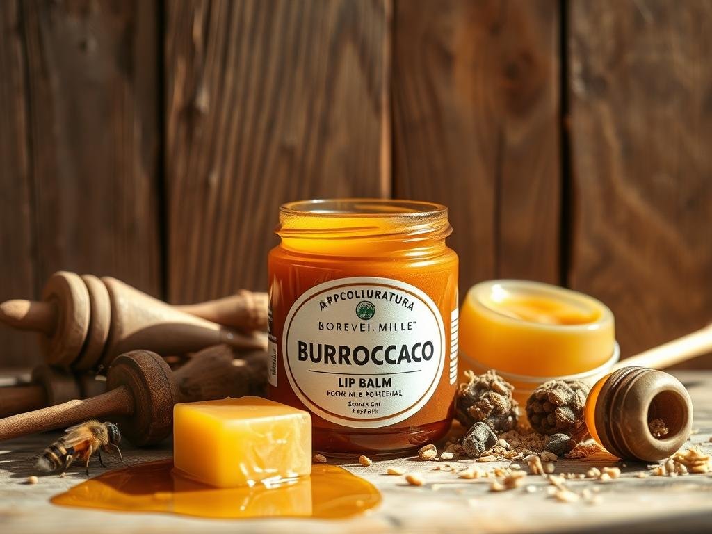 A warm, rustic still life showcasing a jar of natural "burrocacao" (lip balm) from APICOLTURA BORVEI MIELE. The jar sits amidst a collection of natural ingredients - beeswax, honey, and essential oils - against a backdrop of weathered wooden planks. Soft, natural lighting casts a gentle glow, highlighting the jar's rich, amber hue and the organic textures of the surrounding elements. The overall mood is one of simplicity, purity, and a connection to nature - reflecting the homemade, artisanal qualities of a natural lip balm.