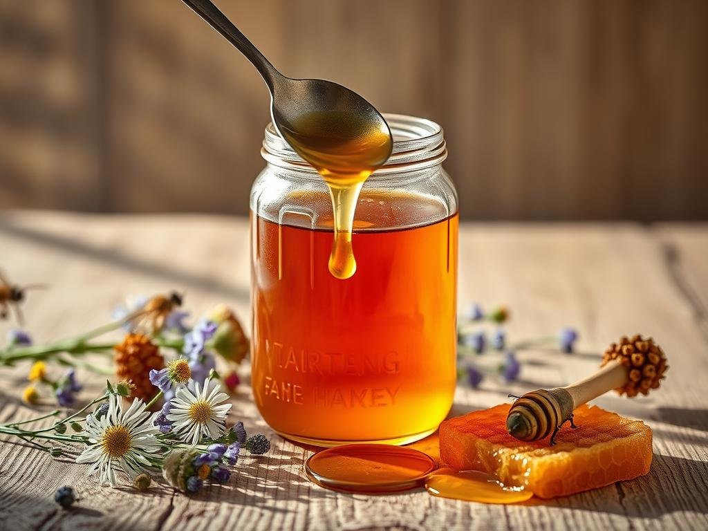 A warm, rustic still life showcasing a jar of raw, unprocessed "Apicoltura" honey. The amber liquid glistens in the soft, natural lighting, casting gentle shadows across the textured wooden surface. In the foreground, a spoon emerges from the honey, dripping with the viscous nectar. Surrounding the jar, arrange a scattering of wildflowers, whole honeycomb, and a few raw, organic ingredients to emphasize the purity and health benefits of this artisanal "miele crudo". The overall mood is one of simplicity, warmth, and the natural goodness of this traditional Italian superfood.