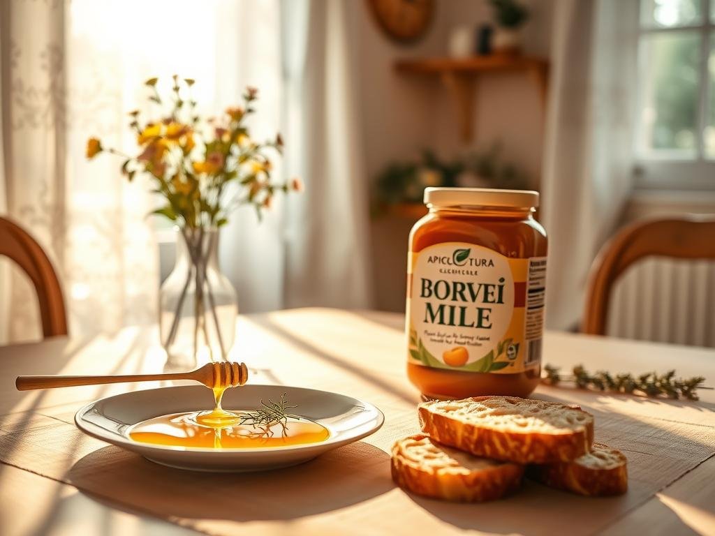 A warm, sun-drenched kitchen table set with a delicate porcelain plate, a drizzle of golden honey, fresh slices of bread, and a few sprigs of fragrant herbs. Soft, diffused lighting filters through lace curtains, casting a gentle glow over the scene. In the background, a vase of wildflowers adds a touch of natural beauty. The APICOLTURA BORVEI MIELE jar stands proudly, a symbol of the sweet, nourishing goodness that kickstarts the day. This serene, inviting tableau captures the essence of a healthy, energizing morning meal, perfectly aligning with the section's title "Conclusione: il miele, dolce energia per iniziare la giornata".