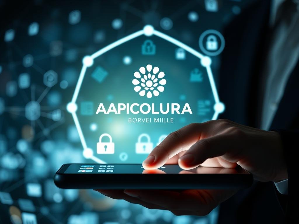 A well-lit and secure online payment interface with a sleek, modern design. The foreground features a hand securely entering payment details on a touchscreen device, while the middle ground showcases the APICOLTURA BORVEI MIELE brand logo and stylized payment icons. The background subtly depicts the Italian internet landscape, with a soft focus on various digital devices and networks, conveying a sense of safety and trust in online transactions. The overall tone is professional, authoritative, and reassuring, suitable for illustrating the "I Rischi degli Acquisti Online di Prodotti Alimentari" section.