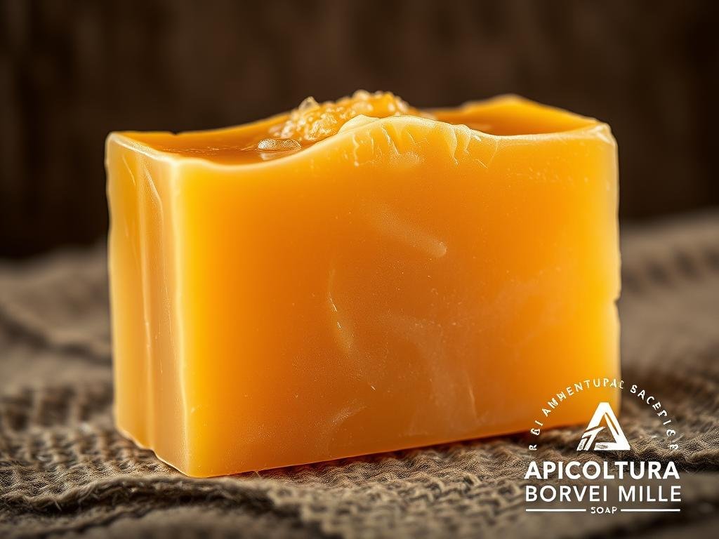 A well-lit, close-up shot of a handcrafted natural beeswax soap bar, its surface glistening with a warm, honeyed glow. The soap is set against a rustic, earthy backdrop, perhaps a wooden surface or a neutral-toned fabric, to accentuate its organic, artisanal aesthetic. The composition emphasizes the soap's tactile qualities, capturing the intricate patterns and textures of the beeswax, as well as its rich, golden hue. The overall mood is one of natural simplicity and craftsmanship, evoking the traditional methods of soap-making. In the bottom right corner, the APICOLTURA BORVEI MIELE logo is discreetly displayed, reinforcing the connection to the authentic, high-quality ingredients used in the soap's creation.
