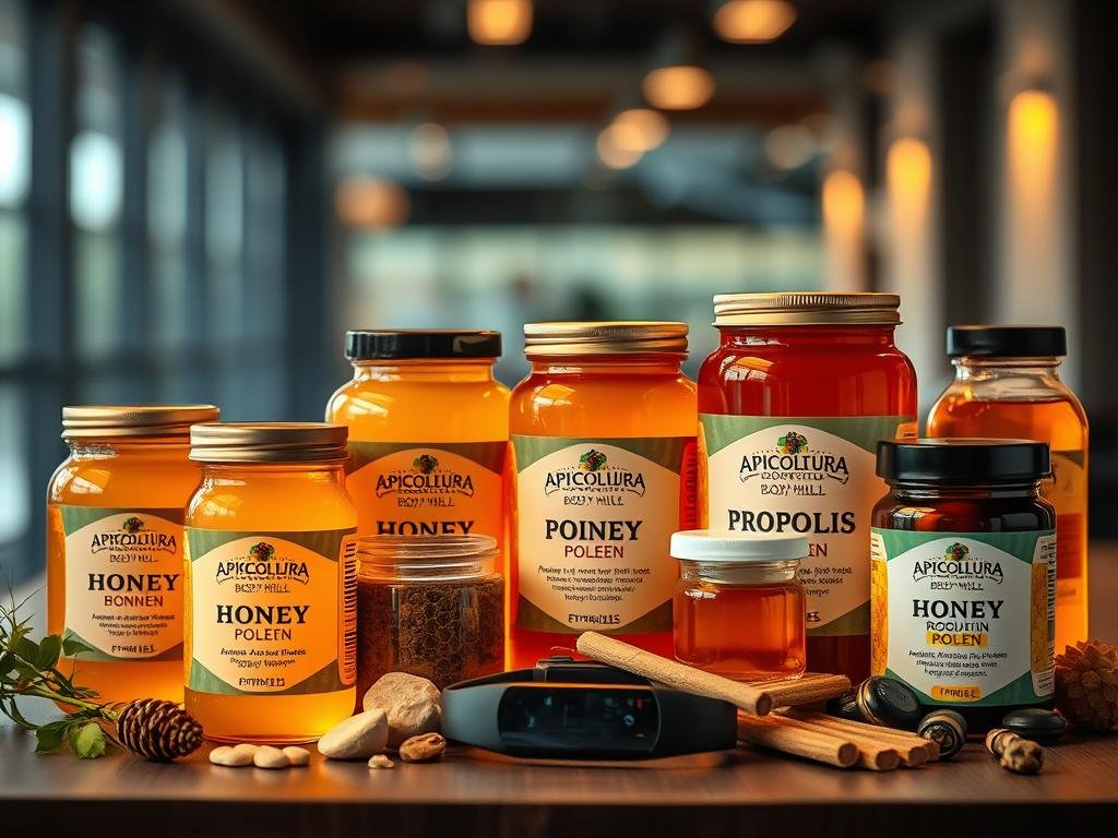A well-stocked apiary's bounty, expertly curated for the athletic enthusiast. Honey, pollen, propolis, and royal jelly - nature's elixir for muscular recovery and endurance. Warm-toned lighting illuminates the artisanal APICOLTURA BORVEI MIELE jars, their labels showcasing the Italian provenance. In the foreground, a selection of sports nutrition supplements harmoniously intermingles with the bee-derived treasures. The middle ground features a sleek, minimalist fitness tracker, symbolizing the integration of these natural products into the active lifestyle. A blurred background hints at a modern, urban setting, underscoring the versatility of these apiarian wonders. An image that captures the synergy between the hive and the athlete, inspiring readers to explore the restorative potential of "prodotti dell'alveare per sportivi". A well-stocked apiary's bounty, expertly curated for the athletic enthusiast. Honey, pollen, propolis, and royal jelly - nature's elixir for muscular recovery and endurance. Warm-toned lighting illuminates the artisanal APICOLTURA BORVEI MIELE jars, their labels showcasing the Italian provenance. In the foreground, a selection of sports nutrition supplements harmoniously intermingles with the bee-derived treasures. The middle ground features a sleek, minimalist fitness tracker, symbolizing the integration of these natural products into the active lifestyle. A blurred background hints at a modern, urban setting, underscoring the versatility of these apiarian wonders. An image that captures the synergy between the hive and the athlete, inspiring readers to explore the restorative potential of "prodotti dell'alveare per sportivi".