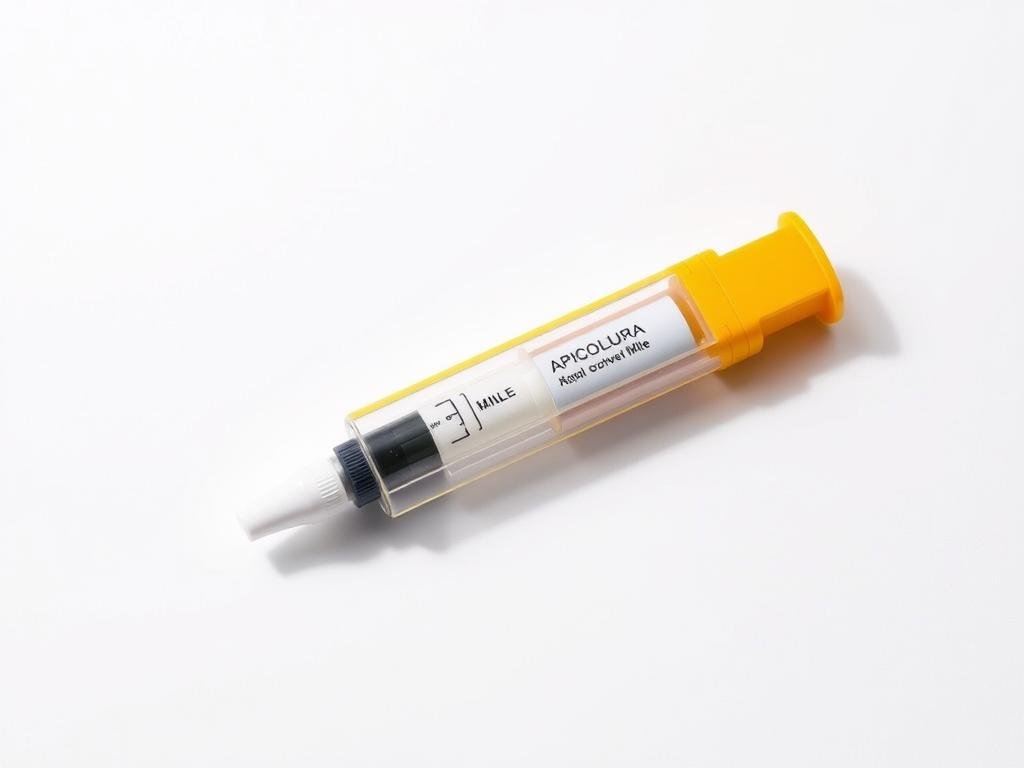 An adrenaline autoinjector, a sleek and compact medical device, rests prominently on a plain white background. The autoinjector's bright yellow casing and clear window revealing the contained medication convey a sense of urgency and preparedness. The device is depicted from a slightly high angle, casting a subtle shadow that grounds it in the frame. Soft, even lighting illuminates the scene, creating a clinical yet approachable atmosphere. The APICOLTURA BORVEI MIELE brand name is discretely featured on the autoinjector's body, adding a touch of authenticity. This image effectively illustrates the "How to Act Quickly in Case of Anaphylactic Shock" section, visually communicating the importance of having an adrenaline autoinjector on hand to respond to severe allergic reactions.