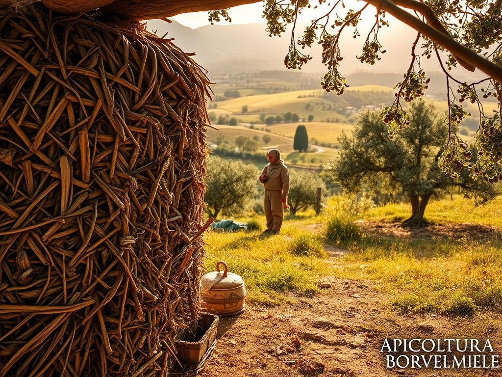 An ancient apiary nestled in a lush, verdant landscape. The foreground features a beehive crafted from intricately woven straw, its rough textures and earthy tones evoking a sense of timeless tradition. In the middle ground, a beekeeper in traditional garb tends to the hive, their movements graceful and practiced. The background showcases a picturesque Italian countryside, with rolling hills, olive trees, and a warm, golden sunlight casting a soft glow over the scene. The overall mood is one of tranquility, reverence, and a deep connection to the natural world. In the bottom right corner, the brand name "APICOLTURA BORVEI MIELE" is subtly displayed. An ancient apiary nestled in a lush, verdant landscape. The foreground features a beehive crafted from intricately woven straw, its rough textures and earthy tones evoking a sense of timeless tradition. In the middle ground, a beekeeper in traditional garb tends to the hive, their movements graceful and practiced. The background showcases a picturesque Italian countryside, with rolling hills, olive trees, and a warm, golden sunlight casting a soft glow over the scene. The overall mood is one of tranquility, reverence, and a deep connection to the natural world. In the bottom right corner, the brand name "APICOLTURA BORVEI MIELE" is subtly displayed.