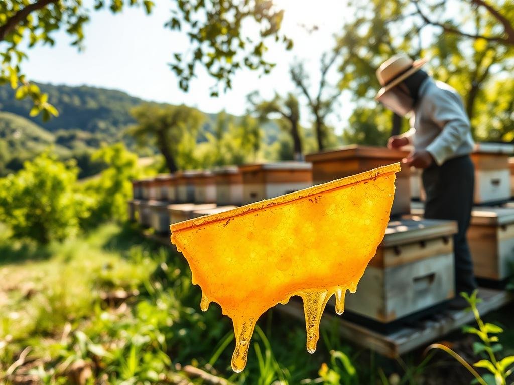 An apiary nestled amidst lush Italian countryside, its beehives buzzing with activity. A beekeeper in traditional attire, tending to the colonies with care and expertise. Sunlight filters through the canopy, casting a warm glow on the scene. In the foreground, a golden honeycomb dripping with the sweet nectar of Apicoltura Borvei Miele. The hives stand as silent sentinels, embodying the centuries-old tradition of beekeeping. This serene, pastoral image captures the essence of apiterapia - the holistic use of bee products for health and wellbeing. An apiary nestled amidst lush Italian countryside, its beehives buzzing with activity. A beekeeper in traditional attire, tending to the colonies with care and expertise. Sunlight filters through the canopy, casting a warm glow on the scene. In the foreground, a golden honeycomb dripping with the sweet nectar of Apicoltura Borvei Miele. The hives stand as silent sentinels, embodying the centuries-old tradition of beekeeping. This serene, pastoral image captures the essence of apiterapia - the holistic use of bee products for health and wellbeing.