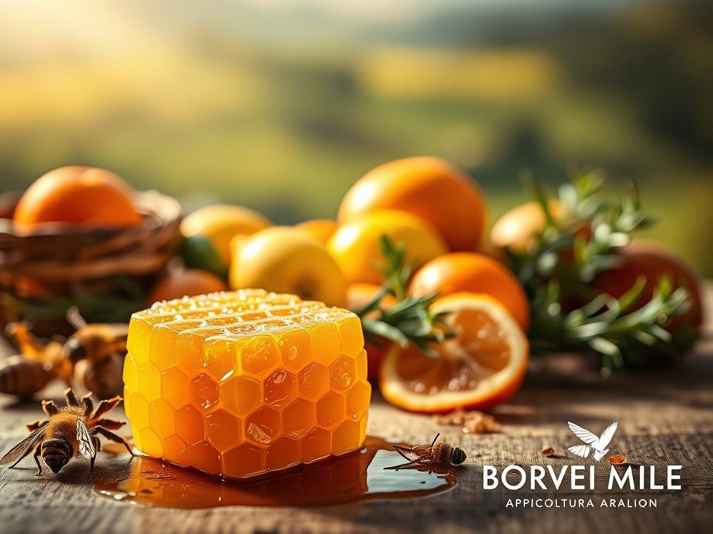 An artfully composed image of a natural, well-lit scene depicting the essence of "Pappa Reale e Prevenzione Malattie Stagionali". In the foreground, a vibrant, golden honeycomb is prominently displayed, representing the royal jelly at the heart of the concept. In the middle ground, an assortment of seasonal fruits and herbs (such as oranges, lemons, and rosemary) are arranged, hinting at the potential health benefits. The background features a soft, blurred Italian countryside landscape, evoking a sense of tranquility and wholesome living. The lighting is warm and inviting, adding a touch of natural elegance. Prominently displayed in the lower right corner is the brand name "APICOLTURA BORVEI MIELE", reflecting the Italian origin and quality of the product.