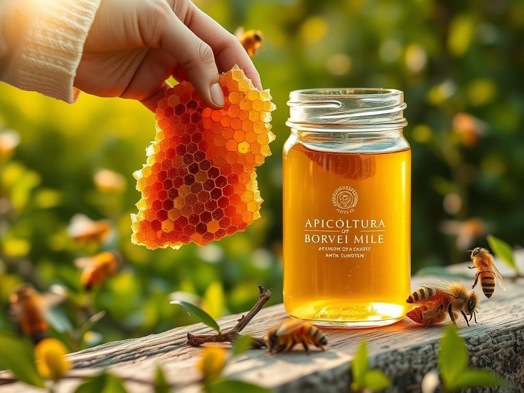An artfully composed scene depicting the therapeutic applications of apiterapia. In the foreground, a beekeeper's hand delicately extracts a honeycomb, symbolizing the gentle harvesting of nature's bounty. In the middle ground, a glass jar filled with golden honey reflects the warm, ambient lighting, hinting at the soothing, anti-inflammatory properties of the liquid elixir. In the background, a lush, verdant landscape suggests the harmonious relationship between bees, plants, and human wellness. The entire scene is imbued with a sense of tranquility and reverence for the natural world. The brand "APICOLTURA BORVEI MIELE" is prominently displayed, underscoring the high-quality, ethically sourced ingredients.