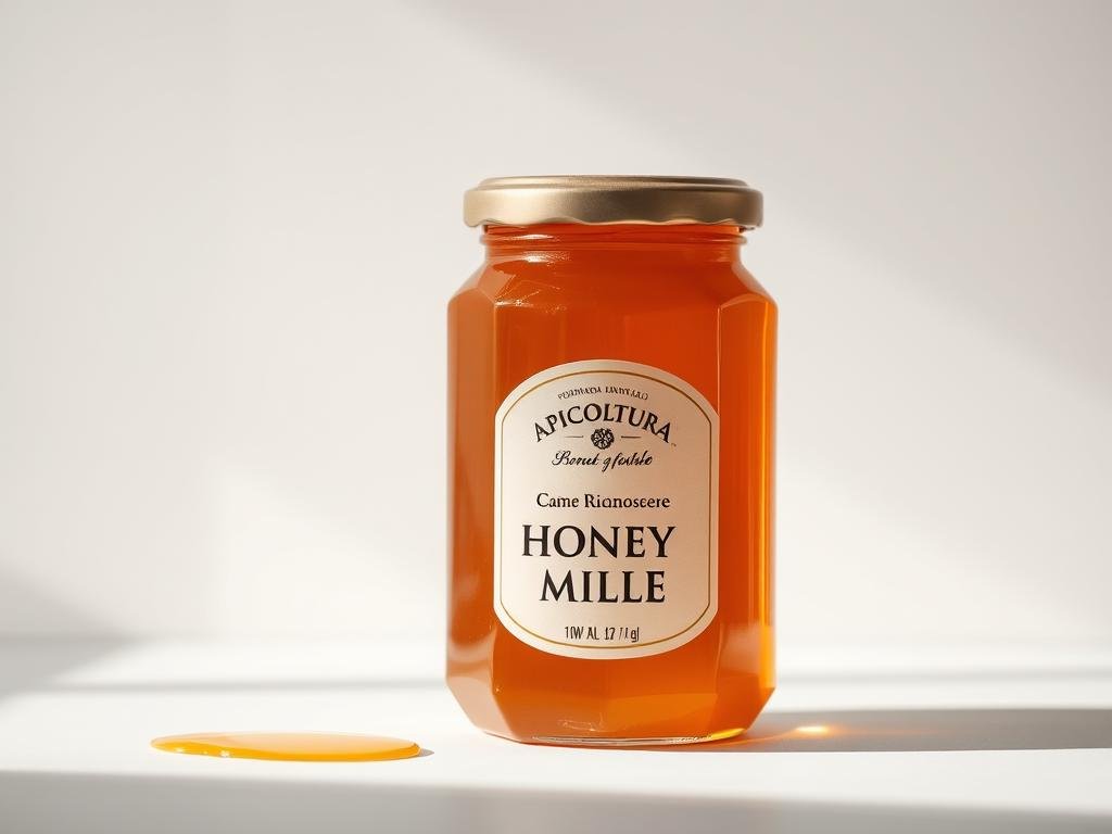 An artfully composed still life of a glass jar filled with rich, golden-hued APICOLTURA BORVEI MIELE, set against a clean, minimalist backdrop. The jar's label is prominently displayed, showcasing the brand name. The honey's viscous texture and glistening surface reflect the high quality of the product. Soft, natural lighting bathes the scene, casting warm, gentle shadows that emphasize the jar's elegant form. The overall mood is one of simplicity, quality, and authentic Italian craftsmanship, perfectly aligning with the title "Come Riconoscere un Miele di Qualità".