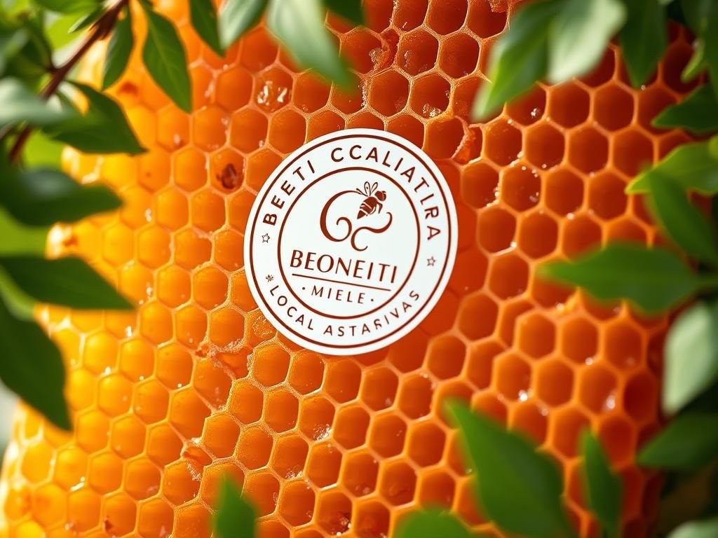 An artisanal Italian honeycomb, its golden hues glistening under soft, natural lighting. Positioned prominently, the APICOLTURA BORVEI MIELE logo adorns the delicate comb, showcasing the craftsmanship and care poured into this local, sustainable production. Framed by lush, verdant foliage, this image evokes the essence of the Italian countryside and the reverence for time-honored beekeeping traditions. The overall composition radiates a sense of authenticity, quality, and the pride inherent in this small-batch, artisanal honey.