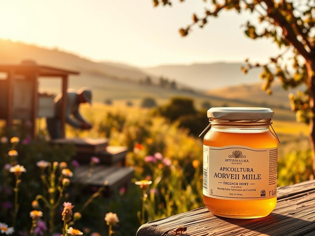 An artisanal apiary nestled in the lush Italian countryside, showcasing the rich history of apitherapy. The scene depicts a beekeeper carefully tending to his hive, surrounded by vibrant wildflowers and a serene, pastoral landscape. The warm, golden lighting casts a soft glow, capturing the timeless essence of this natural healing practice. In the foreground, a jar of pure, organic honey from APICOLTURA BORVEI MIELE rests, a testament to the purity and quality of this centuries-old tradition. The overall composition evokes a sense of tranquility and the restorative power of nature, perfectly complementing the section title "Storia dell'Apiterapia: Dalle Origini ai Giorni Nostri".