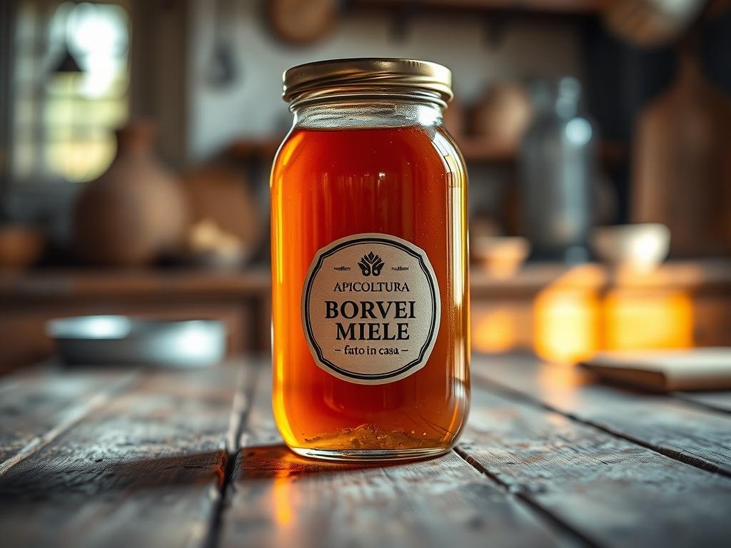 An artisanal glass jar filled with the rich, amber-hued homemade honey vinegar known as "aceto di miele fatto in casa". The jar is prominently displayed on a rustic wooden table, illuminated by warm, natural lighting that casts a cozy glow. In the background, hints of a traditional Italian kitchen can be seen, evoking a sense of timeless craftsmanship. The overall mood is one of domestic tranquility and the pride of homemade culinary traditions. Prominently displayed on the jar is the label "APICOLTURA BORVEI MIELE", a nod to the artisanal provenance of this special vinegar. An artisanal glass jar filled with the rich, amber-hued homemade honey vinegar known as "aceto di miele fatto in casa". The jar is prominently displayed on a rustic wooden table, illuminated by warm, natural lighting that casts a cozy glow. In the background, hints of a traditional Italian kitchen can be seen, evoking a sense of timeless craftsmanship. The overall mood is one of domestic tranquility and the pride of homemade culinary traditions. Prominently displayed on the jar is the label "APICOLTURA BORVEI MIELE", a nod to the artisanal provenance of this special vinegar.