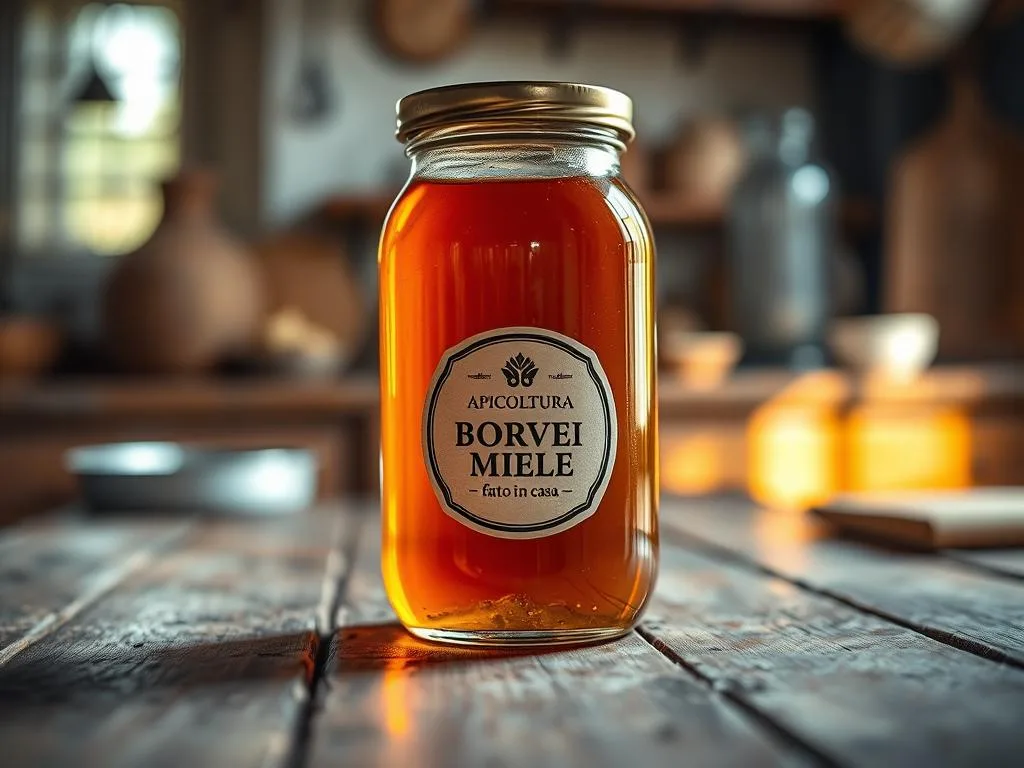 An artisanal glass jar filled with the rich, amber-hued homemade honey vinegar known as "aceto di miele fatto in casa". The jar is prominently displayed on a rustic wooden table, illuminated by warm, natural lighting that casts a cozy glow. In the background, hints of a traditional Italian kitchen can be seen, evoking a sense of timeless craftsmanship. The overall mood is one of domestic tranquility and the pride of homemade culinary traditions. Prominently displayed on the jar is the label "APICOLTURA BORVEI MIELE", a nod to the artisanal provenance of this special vinegar.