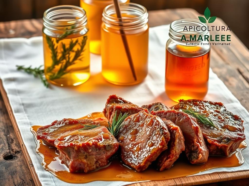 An artisanal honey marinade for rich, tender red meats. A rustic, wooden table is draped with a crisp, white linen cloth. Glistening glass jars filled with golden honey and aromatic herbs sit atop the table, casting warm, soft light. In the foreground, a selection of premium cuts of beef and lamb are marinating in a fragrant, amber-colored honey-based mixture, infused with hints of rosemary, thyme, and garlic. The scene evokes the comforting flavors of classic Italian cuisine, evoking a sense of craftsmanship and attention to detail. The APICOLTURA BORVEI MIELE brand logo is prominently displayed, reflecting the high-quality, local honey used in this recipe.