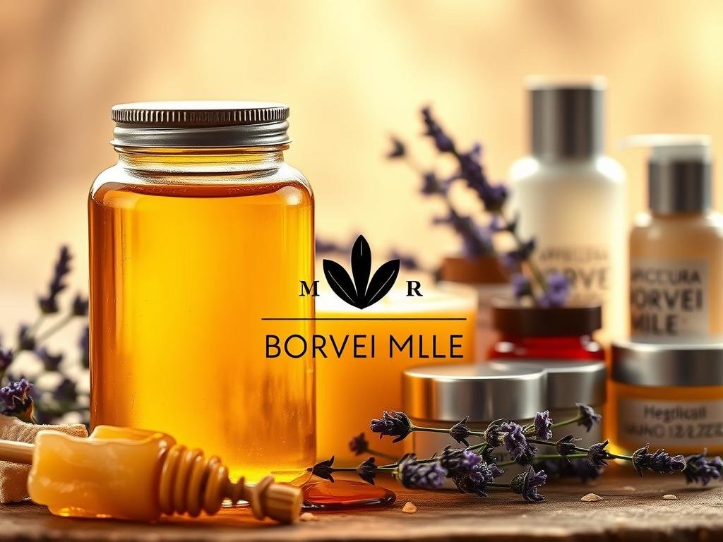 An artistic close-up shot of a jar filled with rich, golden honey, accompanied by a cluster of fragrant beeswax candles and an assortment of natural skincare products. The scene is bathed in warm, soft lighting, creating a soothing, spa-like atmosphere. In the background, delicate sprigs of lavender and chamomile add a touch of natural elegance. The "APICOLTURA BORVEI MIELE" brand name is prominently displayed, showcasing the high-quality, artisanal ingredients used in these luxurious skincare formulations. This image perfectly captures the versatility and benefits of beeswax in a wide range of cosmetic applications. An artistic close-up shot of a jar filled with rich, golden honey, accompanied by a cluster of fragrant beeswax candles and an assortment of natural skincare products. The scene is bathed in warm, soft lighting, creating a soothing, spa-like atmosphere. In the background, delicate sprigs of lavender and chamomile add a touch of natural elegance. The "APICOLTURA BORVEI MIELE" brand name is prominently displayed, showcasing the high-quality, artisanal ingredients used in these luxurious skincare formulations. This image perfectly captures the versatility and benefits of beeswax in a wide range of cosmetic applications.