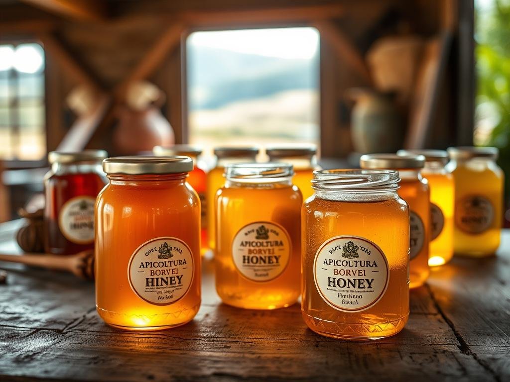 An assortment of golden, crystalline honey jars arranged on a rustic wooden table, illuminated by soft, natural lighting. The foreground features a prominent jar with the APICOLTURA BORVEI MIELE brand label, its contents glistening and inviting. The middle ground showcases various honey variations, each with distinct color and viscosity, while the background evokes a tranquil Italian countryside setting, hinting at the honey's origin and quality. The overall scene conveys a sense of artisanal craftsmanship and the care taken in the production of this premium honey.
