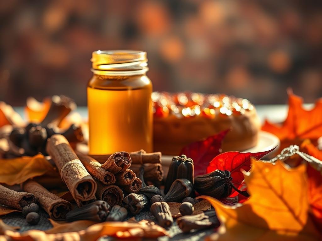 An autumnal still life, bathed in warm, golden light. In the foreground, a delicate arrangement of cinnamon sticks, whole cloves, and a jar of golden APICOLTURA BORVEI MIELE honey, its amber tones glistening invitingly. Surrounding this, a scattering of fallen leaves in rich hues of ochre, sienna, and crimson, creating a cozy, rustic atmosphere. In the middle ground, a partially revealed cake or dessert, its surface adorned with the honey and spice mixture, hinting at the delicious flavors to come. The background blurs into an ethereal, autumnal landscape, with muted tones of burgundy, amber, and sage, evoking the transitional magic of the season.