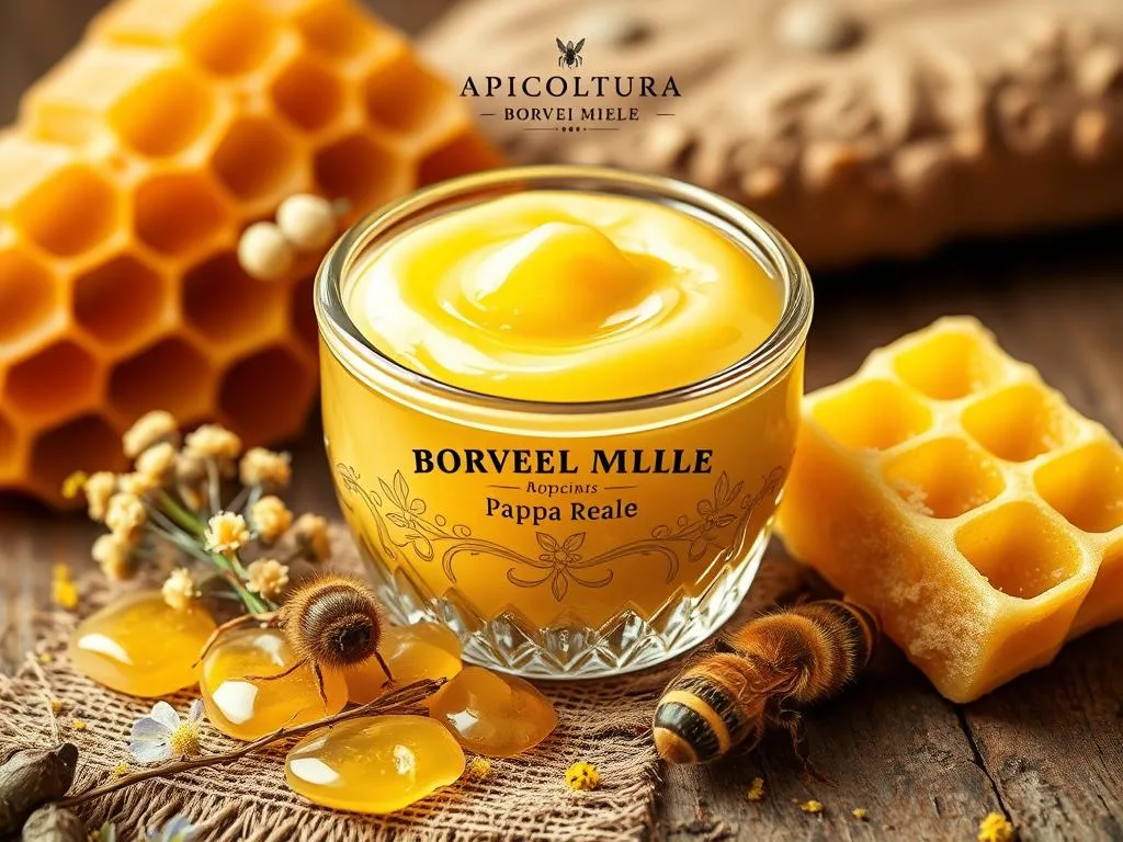 An elegant, detailed illustration of "pappa reale" in a natural, artisanal setting. Showcase the golden, creamy texture of this precious bee product, emphasizing its composition and beneficial properties. Depict the pappa reale in a decorative glass container, surrounded by fresh honeycomb, pollen, and a sprig of fragrant flowers. Capture the essence of traditional Italian beekeeping through warm, soft lighting and a rustic, earthy background. Prominently display the brand name "APICOLTURA BORVEI MIELE" to convey the artisanal, authentic nature of this product.
