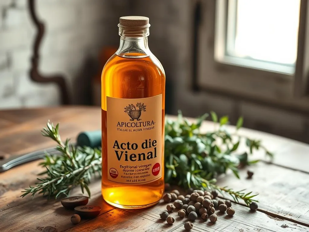 An elegant glass bottle filled with golden-amber aceto di mele, the traditional Italian apple cider vinegar, rests on a rustic wooden surface. The label prominently displays the brand name "Apicoltura", conveying a sense of authenticity and artisanal craftsmanship. Surrounding the bottle, a selection of fresh herbs and spices - such as rosemary, thyme, and whole peppercorns - add depth and visual interest to the scene. Soft, natural lighting from a window casts a warm glow, creating a tranquil and inviting atmosphere that reflects the care and attention taken in the preparation of this versatile vinegar. The overall composition emphasizes the importance of proper usage and precautions when incorporating aceto di mele into one's natural wellness routine.