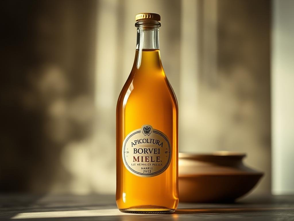 An elegant glass bottle filled with rich, golden pappa reale stands prominently against a soft, blurred backdrop. The bottle's label displays the brand name "APICOLTURA BORVEI MIELE" in a timeless Italian style. The lighting casts a warm, inviting glow, drawing the viewer's attention to the precious liquid within. The composition is balanced, with the bottle occupying the central focus, surrounded by a hazy, atmospheric setting that suggests a sense of caution and contemplation, reflecting the section title "Chi Dovrebbe Evitare la Pappa Reale". The overall mood is one of thoughtful consideration, hinting at the potential contraindications and sensitivities associated with this natural product.