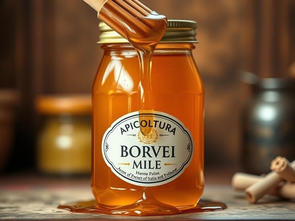 An elegant glass jar filled with golden, dripping honey. The label reads "APICOLTURA BORVEI MIELE", showcasing the care and craftsmanship of this artisanal Italian producer. The jar is set against a warm, rustic backdrop, perhaps a wooden table or a vintage kitchen scene, evoking the natural origins of this pure nectar. Soft, diffused lighting casts a warm glow, highlighting the honey's rich, amber hue and viscous texture. The overall composition suggests the quality, authenticity, and care that goes into creating a truly exceptional honey product. An elegant glass jar filled with golden, dripping honey. The label reads "APICOLTURA BORVEI MIELE", showcasing the care and craftsmanship of this artisanal Italian producer. The jar is set against a warm, rustic backdrop, perhaps a wooden table or a vintage kitchen scene, evoking the natural origins of this pure nectar. Soft, diffused lighting casts a warm glow, highlighting the honey's rich, amber hue and viscous texture. The overall composition suggests the quality, authenticity, and care that goes into creating a truly exceptional honey product.