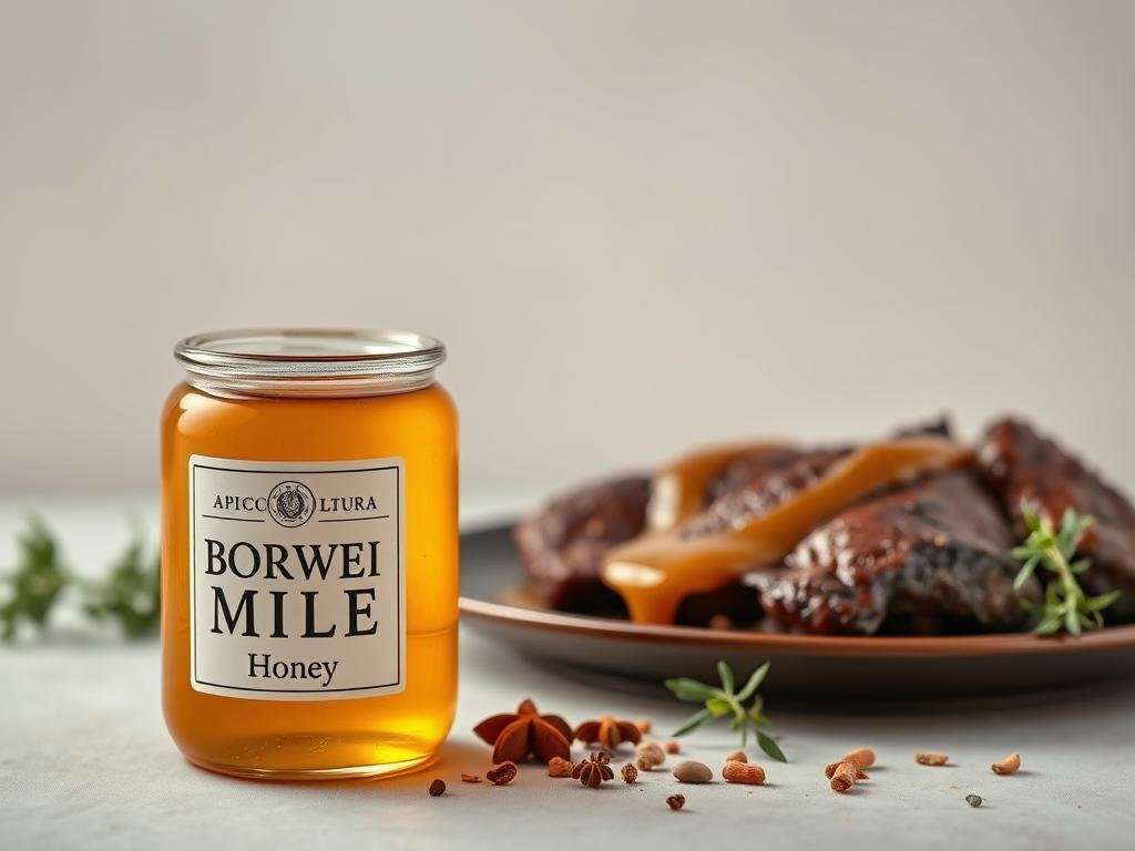 An elegant still life showcasing the harmonious fusion of golden honey and rich, earthy liver. In the foreground, a delicate glass jar filled with the luscious, amber-hued APICOLTURA BORVEI MIELE, its surface glistening under the warm, soft lighting. Beside it, a beautifully plated dish of pan-seared liver, its deep mahogany hues complemented by a drizzle of the same honey, creating a captivating contrast. In the middle ground, a scattering of fresh herbs and spices, hinting at the cleansing and detoxifying properties of this delectable pairing. The background is a simple, neutral setting, allowing the vibrant colors and textures of the central elements to take center stage, conveying a sense of purity and balance. An elegant still life showcasing the harmonious fusion of golden honey and rich, earthy liver. In the foreground, a delicate glass jar filled with the luscious, amber-hued APICOLTURA BORVEI MIELE, its surface glistening under the warm, soft lighting. Beside it, a beautifully plated dish of pan-seared liver, its deep mahogany hues complemented by a drizzle of the same honey, creating a captivating contrast. In the middle ground, a scattering of fresh herbs and spices, hinting at the cleansing and detoxifying properties of this delectable pairing. The background is a simple, neutral setting, allowing the vibrant colors and textures of the central elements to take center stage, conveying a sense of purity and balance.