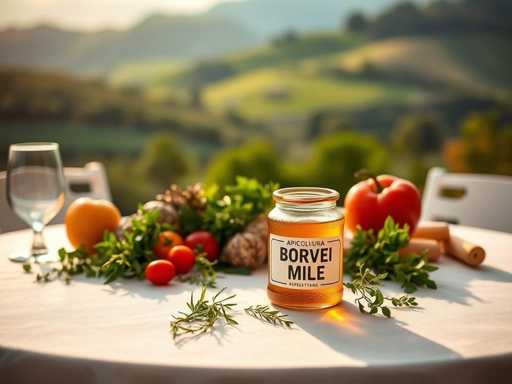 An elegant table setting with a central arrangement of fresh produce, herbs, and a glass jar filled with a golden, viscous liquid labeled "APICOLTURA BORVEI MIELE". The table is illuminated by soft, diffused lighting, creating a warm, inviting atmosphere. In the background, a blurred, Italian-inspired landscape with rolling hills and lush greenery. The image conveys a sense of balance, health, and a Mediterranean lifestyle, perfectly capturing the essence of "Dieta e stile di vita per prevenire le recidive di Candidosi".