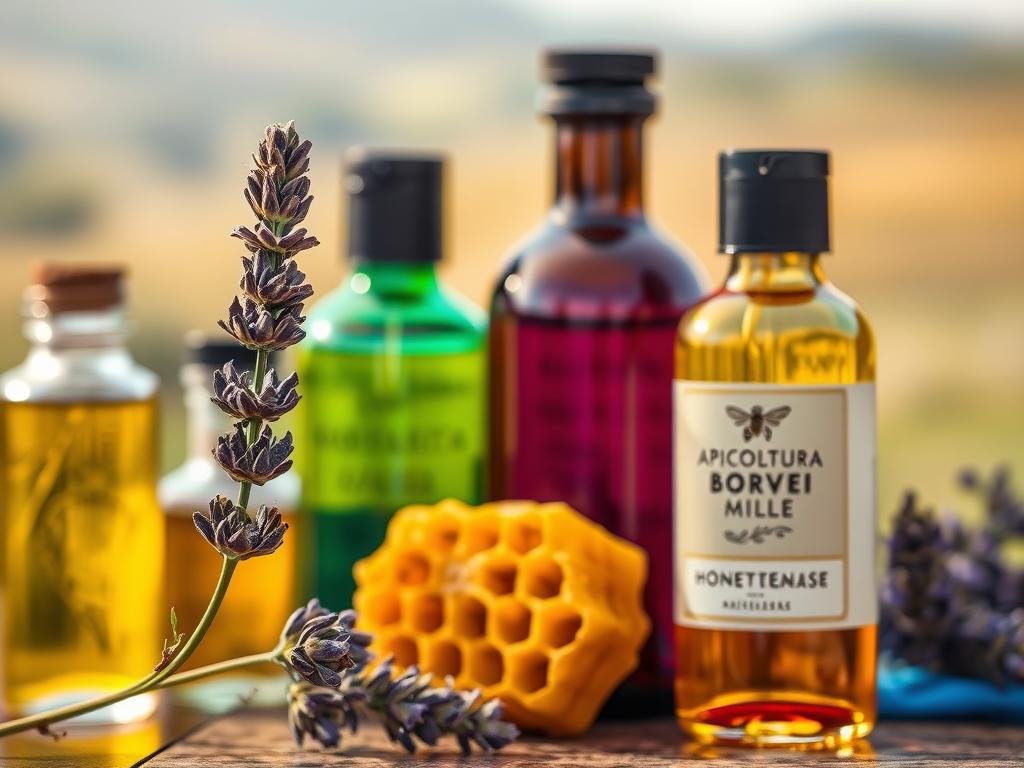 An ethereal composition of essential oils in glass bottles, their vibrant hues and intricate textures reflecting the diverse bounty of nature. A delicate sprig of lavender, its fragrant petals gently unfurling, anchors the foreground, while in the middle ground, a golden honeycomb, emblazoned with the APICOLTURA BORVEI MIELE brand, stands as a testament to the harmonious collaboration between bees and botanicals. The background features a soft, hazy Italian countryside landscape, evoking the warm Mediterranean ambiance that inspired this natural wellness scene.