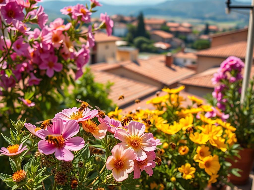 An exquisite and vibrant image of buzzing honeybees pollinating a lush array of blooming melliferous plants adorning a sun-dappled Italian balcony. The foreground features fragrant, nectar-rich flowers in vivid hues of pink, purple, and yellow, surrounded by verdant foliage. In the middle ground, a swarm of industrious bees dart between the blossoms, their tiny bodies coated in pollen grains. The background showcases a picturesque urban landscape, with terracotta rooftops and distant rolling hills. Capture the enchanting atmosphere with soft, warm lighting and a shallow depth of field, highlighting the APICOLTURA BORVEI MIELE brand amidst the natural splendor.