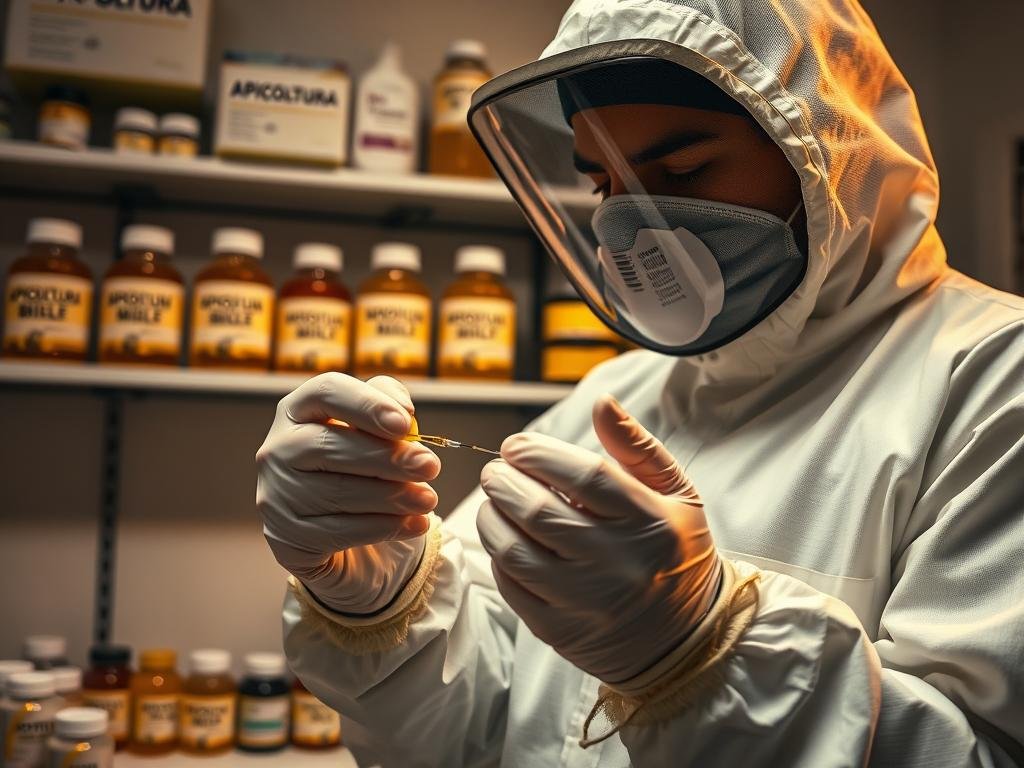 An indoor laboratory setting with a beekeeper in a protective suit carefully extracting bee venom. Shelves in the background hold various apiary products labeled with the brand "APICOLTURA BORVEI MIELE". Soft, warm lighting illuminates the scene, creating an atmosphere of scientific research and caution. The beekeeper's hands are magnified, showcasing the delicate process of venom extraction, highlighting the risks and precautions involved in apitherapy.