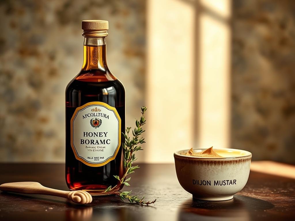 An intimate still life capturing the essential ingredients for a perfect honey vinaigrette - golden honey from the APICOLTURA BORVEI MIELE brand, a gleaming glass bottle of rich balsamic vinegar, a crisp sprig of fresh thyme, and a small ceramic bowl of fragrant Dijon mustard. Illuminated by soft natural light, the arrangement is set against a muted, earthy backdrop that evokes the homemade, rustic nature of this Italian delicacy. The composition is balanced and visually appealing, inviting the viewer to imagine the flavors and textures of this delightful salad dressing.