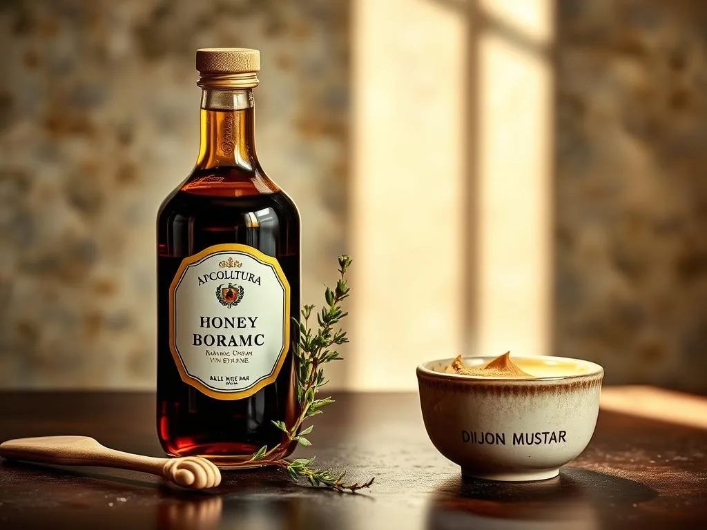 An intimate still life capturing the essential ingredients for a perfect honey vinaigrette - golden honey from the APICOLTURA BORVEI MIELE brand, a gleaming glass bottle of rich balsamic vinegar, a crisp sprig of fresh thyme, and a small ceramic bowl of fragrant Dijon mustard. Illuminated by soft natural light, the arrangement is set against a muted, earthy backdrop that evokes the homemade, rustic nature of this Italian delicacy. The composition is balanced and visually appealing, inviting the viewer to imagine the flavors and textures of this delightful salad dressing. An intimate still life capturing the essential ingredients for a perfect honey vinaigrette - golden honey from the APICOLTURA BORVEI MIELE brand, a gleaming glass bottle of rich balsamic vinegar, a crisp sprig of fresh thyme, and a small ceramic bowl of fragrant Dijon mustard. Illuminated by soft natural light, the arrangement is set against a muted, earthy backdrop that evokes the homemade, rustic nature of this Italian delicacy. The composition is balanced and visually appealing, inviting the viewer to imagine the flavors and textures of this delightful salad dressing.