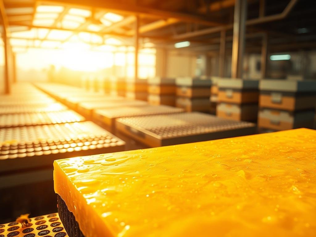 An intricate and shimmering composition of synthetic wax, capturing the essence of modern apiculture. In the foreground, a sleek and uniform slab of synthetic cera borvei, its surface reflecting the soft, warm lighting that illuminates the scene. The middle ground reveals a glimpse of a high-tech apiary, with rows of precision-engineered beehives and hoses carrying the precious nectar. In the background, a subtle gradient of earthy tones and abstract patterns, hinting at the complex chemistry and industrial processes that give rise to this synthetic alternative. The overall atmosphere conveys a sense of scientific advancement and innovation, befitting the title "La Cera Sintetica: Sviluppo e Proprietà".