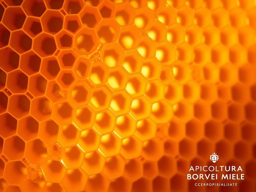 An intricate close-up of honeycomb, showcasing the delicate, golden-hued cera d'api (beeswax) texture. The intricate hexagonal patterns are illuminated by warm, natural lighting, creating a captivating visual study of the material's comedogenic properties. The image conveys a sense of scientific curiosity and attention to detail, reflecting the section title "La Cera d'Api è Comedogenica? Analisi Approfondita". In the bottom right corner, the brand name "APICOLTURA BORVEI MIELE" is subtly incorporated, adding an authentic, Italian-inspired touch.