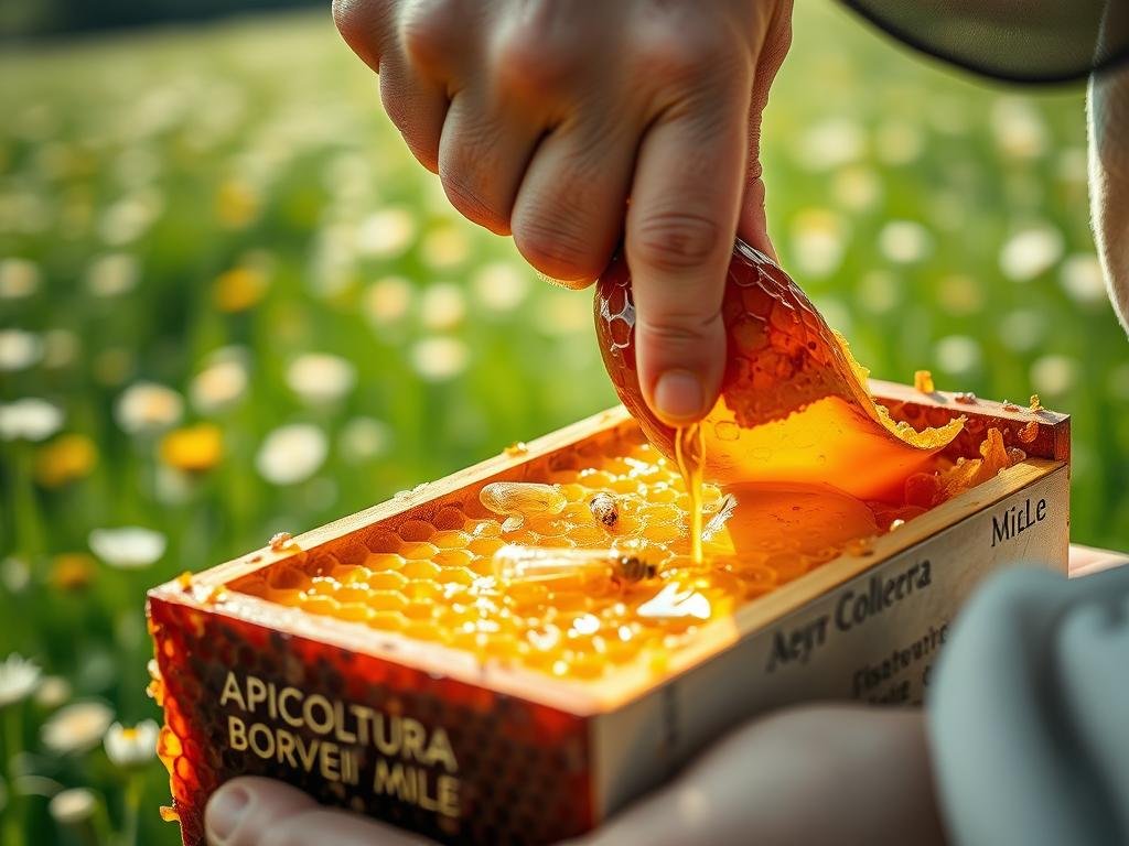An intricate close-up view of a beekeeper's hand carefully extracting a honeycomb frame, revealing the rich golden-amber liquid oozing from the comb. The image is bathed in warm, natural lighting that highlights the textural details of the wax and honey. In the background, a blurred, lush green meadow with wildflowers creates a serene, pastoral atmosphere. The APICOLTURA BORVEI MIELE brand name is subtly visible on the beekeeper's uniform. The overall scene conveys the therapeutic potential and artisanal nature of bee venom.