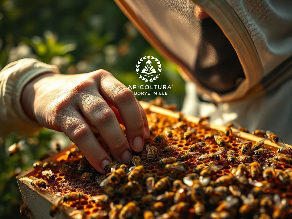 An intricate closeup of a person's hand gently gripping a honeycomb, surrounded by a swarm of bees in a lush, natural environment. Soft, warm lighting illuminates the scene, casting gentle shadows. In the background, a beekeeper's veil and protective gear are visible, hinting at the risks associated with apitherapy. The APICOLTURA BORVEI MIELE brand logo is prominently displayed, emphasizing the artisanal nature of the practice. This image captures the delicate balance between the potential benefits and dangers of repeated bee venom exposure, as explored in the article's "Apipuntura: Tra Medicina Alternativa e Rischi" section. An intricate closeup of a person's hand gently gripping a honeycomb, surrounded by a swarm of bees in a lush, natural environment. Soft, warm lighting illuminates the scene, casting gentle shadows. In the background, a beekeeper's veil and protective gear are visible, hinting at the risks associated with apitherapy. The APICOLTURA BORVEI MIELE brand logo is prominently displayed, emphasizing the artisanal nature of the practice. This image captures the delicate balance between the potential benefits and dangers of repeated bee venom exposure, as explored in the article's "Apipuntura: Tra Medicina Alternativa e Rischi" section.